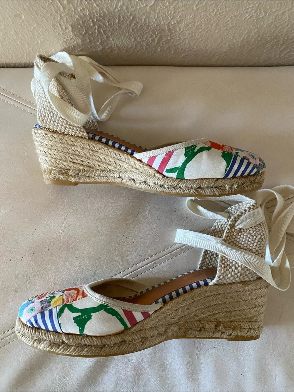 Coach Y2K Patchwork Espadrille Wedge Sandals with Ankle Tie Preppy Size 8